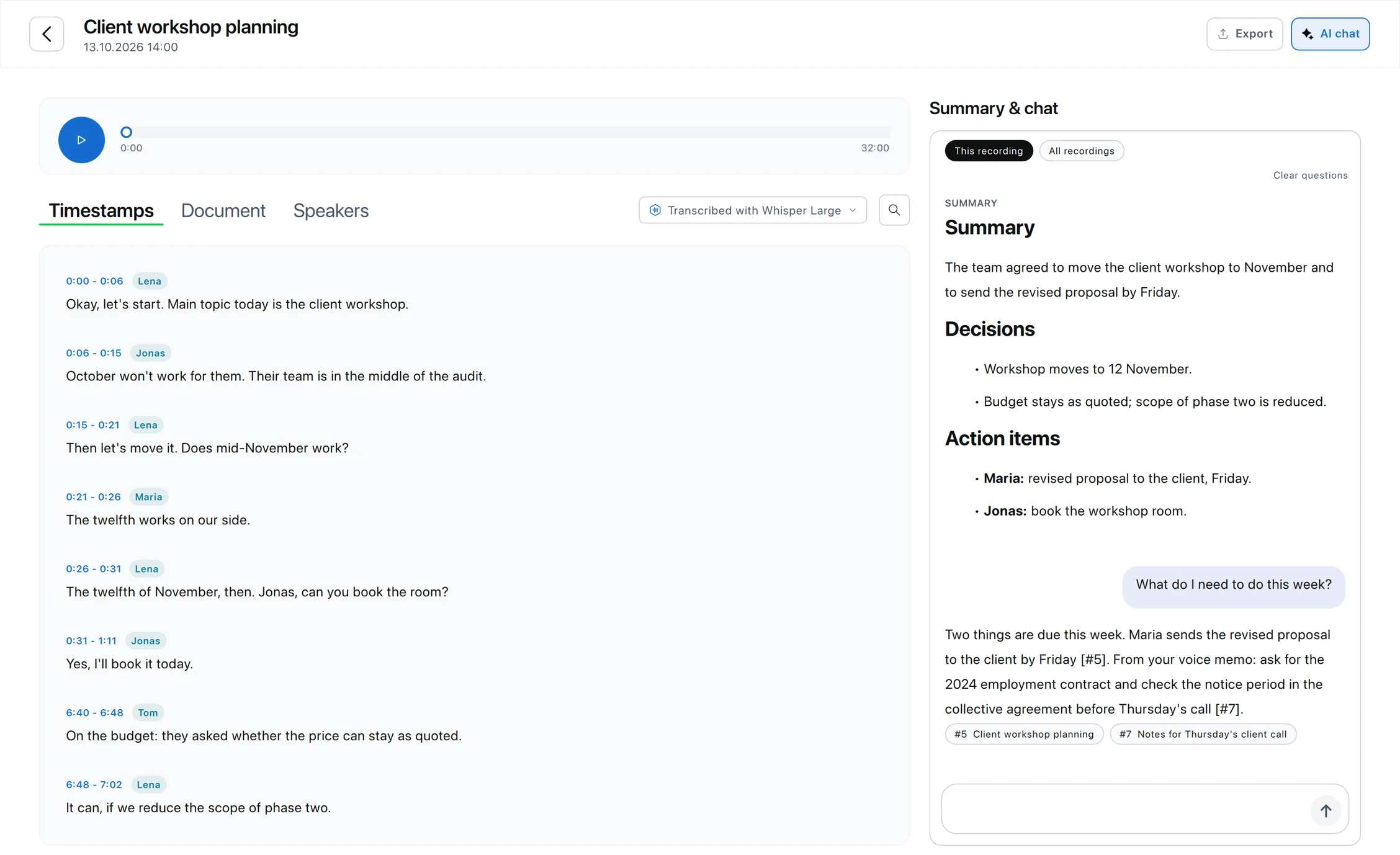 Scrieb recording view: transcript with named speakers, summary with decisions and action items, and an AI chat answer with sources