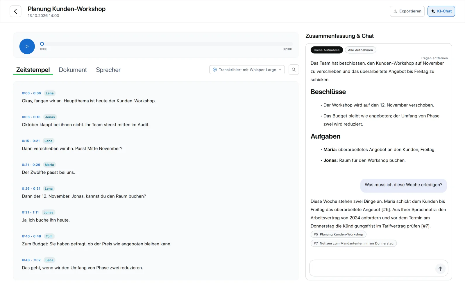 Scrieb mit dem Transkript der Besprechung „Planung Kunden-Workshop“ mit Sprechern und einer Zusammenfassung mit Beschlüssen und Aufgaben