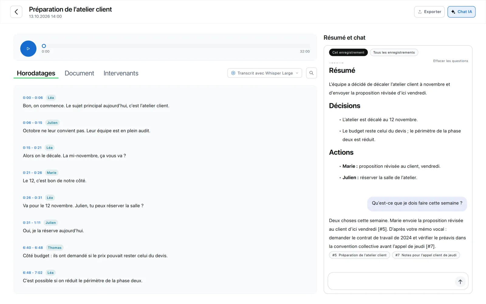 Scrieb affichant la transcription de la réunion « Préparation de l’atelier client » avec les intervenants et un résumé avec décisions et actions